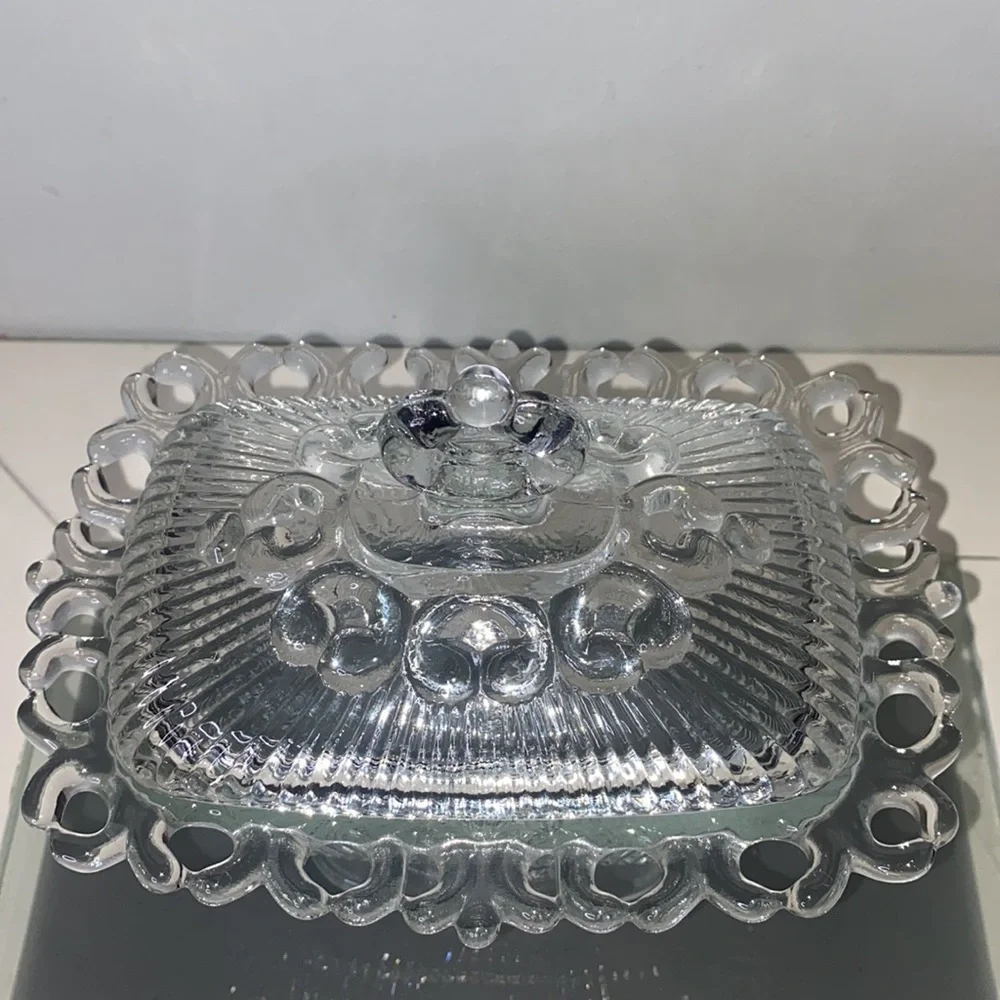 Vintage Indiana Glass Clear Lace Edge Pedestal Candy Bowl with Lid